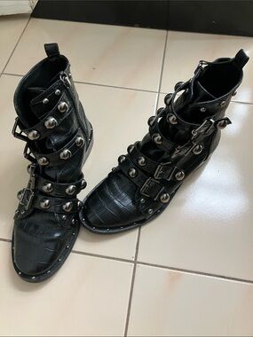 SCHUTZ Black Croc-Embossed Buckle & Stud Ankle Boots